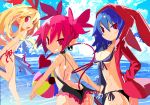  ass bikini blonde_hair blue_hair breasts commentary_request demon_girl demon_tail disgaea disgaea_d2 etna flonne highres laharl-chan large_breasts long_hair looking_at_viewer looking_back makai_senki_disgaea miyakawa106 multiple_girls pink_hair pointy_ears red_eyes side-tie_bikini small_breasts swimsuit tail very_long_hair wading wet 