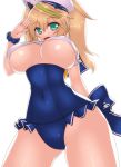  :d aqua_eyes asamura_hiori ass_visible_through_thighs beret blonde_hair blue_swimsuit blush breasts commentary_request covered_navel fang from_below gene_(pso2) hat highres large_breasts long_hair looking_at_viewer open_mouth phantasy_star phantasy_star_online_2 salute scrunchie simple_background smile solo standing swimsuit thighs twintails underboob white_background white_hat wrist_scrunchie 