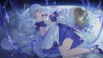 1girl aqua_eyes bare_shoulders bead_bracelet beads bracelet detached_sleeves dress ergouzi_echo flower gloves hair_spread_out halo head_wings high_heels highres honkai:_star_rail honkai_(series) jewelry long_hair looking_at_viewer lying on_back parted_lips purple_dress purple_flower purple_hair purple_shoes robin_(honkai:_star_rail) shoes short_sleeves solo two-tone_dress very_long_hair white_gloves white_wings wings 