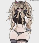  1girl artist_name asymmetrical_legwear averting_eyes bandaged_arm bandages bite_mark bite_mark_on_leg bite_mark_on_thigh black_choker black_gloves black_panties black_shirt black_thighhighs blonde_hair blush body_freckles breasts choker closed_mouth commentary cowboy_shot crop_top cropped_shirt disembodied_hand dokidomiki english_commentary fingerless_gloves freckles gauze gauze_on_cheek gauze_on_face glasses gloves hair_between_eyes hair_ornament hands_up holding holding_own_hair jewelry large_breasts long_hair looking_to_the_side makeup messy_hair miki_(dokidomiki) mismatched_legwear mismatched_thighhighs navel necklace original panties pink_eyes poking_belly round_eyewear runny_makeup scar scar_on_stomach shirt simple_background skindentation solo star_(symbol) star_hair_ornament stomach striped_clothes striped_panties striped_thighhighs sweat syringe syringe_necklace thick_thighs thigh_freckles thighhighs thighs tiktok_logo torn_clothes torn_thighhighs twitch_logo twitter_username twitter_x_logo underwear wavy_mouth white_background 