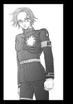  1boy aotsuki_eito armband arms_at_sides belt ben-day_dots border commentary_request cowboy_shot dogusarealien eyelashes gakuran glasses gloves greyscale highres jacket last_defense_academy_school_uniform looking_at_another looking_at_viewer male_focus monochrome pants school_uniform screentones short_hair simple_background solo the_hundred_line_-last_defense_academy- 