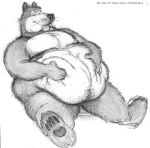  2006 anthro bd belly big_belly canine english_text eyes_closed fur grabbing_belly holding_belly lazy lying male mammal navel overweight pawpads pencil_(artwork) self_hug simple_background slightly_chubby smile solo text tongue tongue_out traditional_media_(artwork) whiskers white_background wolf 
