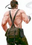  1boy bara beard belt_bag biceps black_headband brown_hair camouflage camouflage_pants criss-cross_suspenders facial_hair from_behind hamu_popopo headband highres male_focus metal_gear_(series) metal_gear_solid_3:_snake_eater muscular muscular_male naked_snake pants smoking topless_male white_background 
