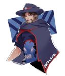  alternate_costume beard belt brown_eyes brown_hair bullet cape cigarette cowboy_hat excelsior_mccree facial_hair hat highres hyoon_(sockgyu) male_focus mccree_(overwatch) new_york_excelsior overwatch overwatch_league simple_background smoking solo teeth upper_body white_background 