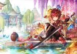  architecture bug butterfly butterfly_hair_ornament colorful day east_asian_architecture elsword elsword_(character) flower food fruit hair_ornament insect knee_up lily_pad male_focus on_ground outdoors plate pomegranate pond red_eyes red_hair rock scorpion5050 sitting smile solo sword tree water_lily_flower weapon willow wisteria 