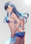  aoki_(fumomo) ass bikini blue_bikini blue_hair breasts commentary dripping earrings green_eyes grey_background hair_ornament jewelry long_hair maria_traydor open_mouth simple_background solo star_ocean star_ocean_anamnesis star_ocean_till_the_end_of_time swimsuit wet 