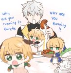  2girls 3boys ahoge arthur_pendragon_(fate) artoria_pendragon_(fate) blue_dress bowl braid chibi commentary dress english_text faceless faceless_male fate/grand_order fate_(series) fork gareth_(fate) grey_hair holding holding_bowl holding_chibi holding_fork merlin_(fate) multiple_boys multiple_girls percival_(fate) rabi_(swordofthestone) saber_(fate) short_hair 