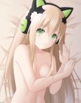  :3 animal_ear_headphones animal_ears artist_name bed_sheet blonde_hair breasts cat_ears collarbone commentary_request convenient_arm eyebrows_visible_through_hair fake_animal_ears girls_frontline green_eyes hair_between_eyes hair_censor hair_over_breasts hands_up headphones highres keenh long_hair looking_at_viewer lying navel nude on_back sidelocks signature small_breasts solo stomach tmp_(girls_frontline) upper_body very_long_hair 