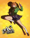  badge bike_shorts brown_eyes brown_footwear brown_hair button_badge closed_mouth copyright_name full_body highres ilya_kuvshinov jacket long_sleeves persona persona_4 persona_4_the_golden satonaka_chie school_uniform shoes short_hair silhouette skirt socks solo track_jacket white_legwear yellow_background 