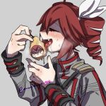  1girl ahoge blush bow drill_hair fangs food grey_jacket grey_sleeves hair_bow half-closed_eyes hato_no_mune_wo_momitai holding holding_food jacket kasane_teto kasane_teto_(sv) licking long_sleeves open_mouth pearto red_eyes red_hair saliva short_hair smile sweat synthesizer_v tears tongue tongue_out trembling twin_drills twitter_username upper_body utau watermark 