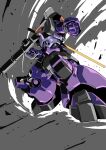  absurdres bazooka_(gundam) clenched_hand commentary debris dom_(mobile_suit) dust_cloud energy_sword gundam highres holding holding_weapon mecha mecha_focus mobile_suit mobile_suit_gundam niidan no_humans one-eyed purple_eyes robot science_fiction solo standing sword weapon zeon 