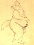 1999 anthro barely_visible_genitalia bd belly big_belly canine clothing deep_navel fur half-closed_eyes legwear looking_back male mammal navel overweight overweight_male pencil_(artwork) smile socks solo thick_thighs traditional_media_(artwork) whiskers 