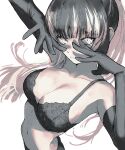  1girl blunt_bangs bra breasts cleavage closed_mouth commentary covering_face elbow_gloves gloves greyscale highres hololive hololive_dev_is juufuutei_raden large_breasts long_hair looking_at_viewer monochrome multicolored_hair navel ponytail rhinth shadow simple_background sketch solo two-tone_hair underwear upper_body virtual_youtuber white_background 