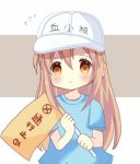 :o bangs blue_shirt blush brown_eyes character_name clothes_writing commentary_request eyebrows_visible_through_hair flag flat_cap flying_sweatdrops hair_between_eyes hands_up hat hataraku_saibou holding holding_flag light_brown_hair long_hair looking_at_viewer maodouzi parted_lips platelet_(hataraku_saibou) shirt short_sleeves solo very_long_hair white_hat 