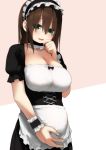  breasts brown_hair cleavage eyes_visible_through_hair green_eyes hakumei_kosen hand_on_own_stomach highres large_breasts long_hair maid maid_headdress open_mouth original pregnant smile solo wrist_cuffs 