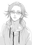  1boy aotsuki_eito ben-day_dots collarbone commentary dogusarealien drawstring eyelashes glasses greyscale highres jacket looking_at_viewer male_focus monochrome parted_lips screentones short_hair simple_background solo the_hundred_line_-last_defense_academy- upper_body 