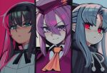  3girls angry black_bow black_dress black_hair blonde_hair blue_eyes blue_hair bow braid capelet dress hair_bow hairband half_updo hat highres hiita_(hitta_99) len_(tsukihime) long_hair looking_at_viewer melty_blood multiple_girls pointy_ears portrait purple_eyes purple_hair purple_hat red_eyes ribbon school_uniform shirt sion_eltnam_(type-moon) sion_eltnam_sokaris smile tohno_akiha tsukihime twintails white_hairband 