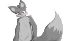  2015 4_fingers :3 anthro black_nose canine cheek_tuft dipstick_tail fluffy fluffy_tail fox fur grey_fur head_tuft log_(artist) log_(fox) looking_down male mammal multicolored_fur multicolored_tail navel nude red_eyes simple_background smile solo tuft two_tone_fur white_background 