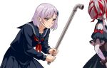  2girls black_dress blue_eyes blue_sailor_collar blue_shirt blue_skirt closed_mouth colored_skin commentary cosplay double_bun dress grey_hair grey_skin hair_bun haryu holding holding_lead_pipe hololive hololive_indonesia kureiji_ollie kureiji_ollie_(1st_costume) lead_pipe long_sleeves multicolored_hair multiple_girls neckerchief patchwork_skin pavolia_reine pleated_skirt puffy_short_sleeves puffy_sleeves red_hair red_neckerchief sailor_collar school_uniform shimizu_hinako shimizu_hinako_(cosplay) shirt short_hair short_sleeves silent_hill_(series) silent_hill_f simple_background skirt standing sweat swept_bangs symbol-only_commentary torn_clothes torn_dress virtual_youtuber white_background 