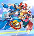 3boys album_cover alia_(rockman) android armor artist_request axl blonde_hair blue_eyes breasts cover electric_guitar green_eyes guitar headgear highres instrument long_hair microphone multiple_boys official_art plectrum robot robot_ears rockman rockman_x smile x_(rockman) zero_(rockman) 