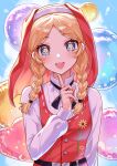  1girl :d anne_lester balloon black_ribbon blonde_hair blue_eyes braid flower-shaped_pupils highres identity_v light_blush looking_at_viewer orikawaz red_veil red_vest ribbon shirt smile symbol-shaped_pupils twin_braids veil vest white_shirt yellow_pupils 
