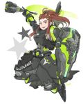  alternate_color armor armored_boots boots brigitte_(overwatch) brown_hair e-sports flag freckles gloves hair_ornament hairclip highres houston_outlaws long_hair mace nas_(nas_3) open_mouth outlaws_brigitte overwatch overwatch_league ponytail shield star teeth weapon white_background yellow_eyes 