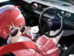  1girl 2025 35p_(sakura_miko) beret car_interior cat_hair_ornament character_name closed_mouth commentary_request copyright_name eyewear_pull ford ford_gt40 green_eyes hair_ornament happy_birthday hat highres hinazuki_maara hololive long_sleeves looking_at_viewer pink_hair pink_skirt pleated_skirt sakura_miko sakura_miko_(school_uniform) seatbelt signature skirt smile solo steering_wheel sunglasses thighhighs virtual_youtuber white_hat white_thighhighs 
