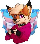 anthro canid canine clothed clothing controller digital_media_(artwork) ear_piercing ear_ring electronics female fox fur game_controller gamer_girl gaming hair hi_res holding_controller holding_game_controller holding_object lgbt_pride looking_at_viewer mammal marvelous_managerie open_mouth piercing pride_colors ring_piercing simple_background smile solo teeth topwear trans_(lore) trans_woman_(lore) transgender_pride_colors