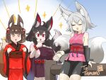  3girls :d absurdres animal_ears bead_bracelet beads bell black_hair black_tail bracelet breasts brown_hair brown_tail commission detached_sleeves fox_ears fox_girl fox_tail hair_bell hair_ornament highres japanese_clothes jewelry kamuro_(mon-musu_quest!) katsumi_(tamamo) kimono kitsu_(mon-musu_quest!) kitsune mon-musu_quest! mon-musu_quest:_paradox multiple_girls one_eye_closed red_eyes ribbon setouchi_(blackse) short_hair sideboob skeb_commission smile sparkle_background sparkling_eyes tail thinking white_hair white_tail yellow_eyes 