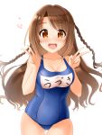  :d blue_swimsuit blush braid breasts brown_eyes brown_hair character_name cleavage collarbone cowboy_shot double_w eyebrows_visible_through_hair floating_hair heart highres idolmaster idolmaster_cinderella_girls kibihimi long_hair looking_at_viewer medium_breasts one-piece_swimsuit open_mouth school_swimsuit shimamura_uzuki simple_background smile solo standing swimsuit very_long_hair w white_background 