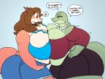  2018 anthro big_breasts breast_squish breasts breasts_frottage brown_hair clothed clothing dialogue dragon duo english_text eyes_closed female grace_(sssonic2) hair hi_res huge_breasts lizard mature_female miss_l non-mammal_breasts red_eyes reptile scalie text vdisco 