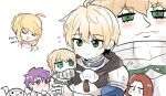  2girls 5boys ahoge armor arthur_pendragon_(fate) artoria_pendragon_(fate) bedivere_(fate) blonde_hair braid chibi closed_eyes commentary crying english_text fate/grand_order fate_(series) flying_sweatdrops gauntlets gawain_(fate) green_eyes helmet lancelot_(fate/grand_order) mordred_(fate) mordred_(fate/apocrypha) multiple_boys multiple_girls purple_eyes purple_hair rabi_(swordofthestone) red_hair riyo_(lyomsnpmp)_(style) saber_(fate) sweatdrop tears tristan_(fate) 