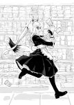  1girl ahoge alternate_costume animal_ears apron bespectacled blush commentary cup_ramen dress dropped_object dropping enmaided fox_ears fox_girl fox_tail frills from_side full_body glasses greyscale highres holding hololive leg_up long_hair maid maid_apron maid_headdress monochrome open_mouth ponytail rhinth running shirakami_fubuki shoes sidelocks sideways_mouth solo tail thighhighs virtual_youtuber waist_apron 