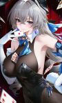  1girl alternate_costume animal_ear_hairband animal_ears armpits bare_shoulders between_breasts black_leotard black_pantyhose breasts bronya_rand card closed_mouth covered_navel crossed_bangs earrings elbow_gloves fake_animal_ears gloves grey_eyes grey_hair hair_between_eyes hairband highleg highleg_leotard highres holding holding_card honkai:_star_rail honkai_(series) jewelry large_breasts leotard long_hair looking_at_viewer pantyhose playboy_bunny playing_card rabbit_ear_hairband rabbit_ears re0n smile solo very_long_hair white_gloves 