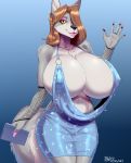  2018 anthro big_breasts breasts canine clothed clothing digital_media_(artwork) eyelashes female fur hair hi_res huge_breasts looking_at_viewer makeup mammal nipple_bulge nipples plankboy simple_background skimpy smile solo standing thick_thighs 