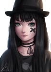  1girl artist_name bangs black_choker black_hair black_hat black_ribbon black_shirt choker closed_mouth commentary hat hat_ribbon highres lips long_hair looking_at_viewer original ribbon ribbon_choker shirt signature simple_background solo t-shirt white_background zienu 