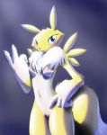  anthro blue_eyes blush breasts canine digimon female fur lilybird mammal navel neck_tuft renamon solo tongue tongue_out tuft white_fur yellow_fur 