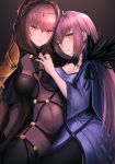  bangs black_legwear blush bodysuit breasts brown_background cleavage commentary_request dress dual_persona fate/grand_order fate_(series) hair_between_eyes hand_up head_chain highres hug jewelry kisaragi_chiyuki large_breasts long_hair looking_at_viewer multiple_girls navel necklace pantyhose parted_lips red_eyes red_hair scathach_(fate)_(all) scathach_(fate/grand_order) scathach_skadi_(fate/grand_order) seductive_smile shoulder_armor smile spaulders standing thighhighs very_long_hair 