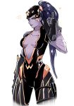  alternate_costume blue_hair breasts center_opening cleavage dynasty_widowmaker earrings gun hat heart highres hyoon_(sockgyu) jewelry long_hair overwatch overwatch_league ponytail purple_skin seoul_dynasty simple_background solo tattoo weapon white_background widowmaker_(overwatch) yellow_eyes 