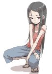  absurdres black_hair brown_eyes closed_mouth collarbone crossed_arms grey_pants hair_ornament hairpin hand_on_leg highres light_smile long_arms long_hair looking_at_viewer original pants red_shirt sandals shadow shirt solo white_background yamamoto_souichirou 