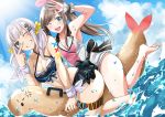  a.i._channel beach bikini blue_sky breasts cleavage day kaguya_luna kaguya_luna_(character) kizuna_ai looking_at_viewer multiple_girls ocean sakuma_shiiya sky smile swimsuit virtual_youtuber water 