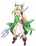  blonde_hair blue_eyes boots bow breasts bridal_gauntlets covered_navel dress eyebrows_visible_through_hair forehead_jewel full_body green_bow green_dress hair_bow highres holding holding_spear holding_weapon karukan_(monjya) legs_apart long_hair looking_at_viewer low-tied_long_hair open_mouth panties pauldrons polearm purple_footwear riesz seiken_densetsu seiken_densetsu_3 simple_background small_breasts solo spear standing underwear v-shaped_eyebrows very_long_hair weapon white_background white_panties 