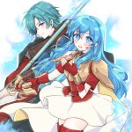  1boy 1girl aqua_eyes aqua_hair armor aura blue_aura blue_eyes blue_hair blush breastplate breasts brother_and_sister cape closed_mouth eirika_(emblem)_(fire_emblem) eirika_(fire_emblem) ephraim_(emblem)_(fire_emblem) ephraim_(fire_emblem) fingerless_gloves fire_emblem fire_emblem:_the_sacred_stones fire_emblem_engage fire_emblem_heroes gloves hair_between_eyes highres holding holding_polearm holding_sword holding_weapon long_hair misato_hao open_mouth polearm red_gloves red_thighhighs shirt short_hair shoulder_armor siblings sieglinde_(sword) skirt small_breasts smile sword thighhighs thighs twins weapon white_background white_skirt yellow_armor yellow_cape zettai_ryouiki 