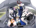  armored_bodysuit bag_of_chips black_gloves blonde_hair blue_eyes blush bodysuit braid breasts car car_interior car_seat chips_(food) cleavage cloak closed_eyes cross_bracelet doro_(nikke) driving eating flower-shaped_hair food gloves goddess_of_victory:_nikke grey_hair hair_between_eyes head-mounted_display highres horns large_breasts left-hand_drive long_braid long_hair mcdonald&#039;s mechanical_arms mechanical_horns motor_vehicle multiple_girls nun open_mouth pioneer_(nikke) potato_chips rapunzel_(nikke) scarlet_(nikke) seatbelt shiny_eyes single_mechanical_arm sitting snack snow_white_(nikke) steering_wheel tissue tissue_box vehicle_interior very_long_hair visor_(armor) visor_lift white_cloak white_hair xmld404 
