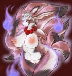  2016 anthro belly big_breasts black_fur black_sclera breasts canine digital_media_(artwork) female fox fur hair holding_tail looking_at_viewer mammal multi_tail navel nude pussy red_fur simple_background slightly_chubby solo suns_(artist) voluptuous white_fur white_hair yellow_eyes 