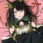  1girl arknights asymmetrical_sidelocks bed black_gloves black_hair blush breasts commentary crying dress english_commentary english_text from_above gloves gradient_hair green_dress green_eyes green_hair highres holding holding_photo kal'tsit_(arknights) looking_at_viewer lying material_growth medium_breasts medium_hair mon3tr_(arknights) mourning multicolored_hair on_back oripathy_lesion_(arknights) photo_(object) picture_frame pillow sad sidelocks solo symmetricturd wavy_mouth 