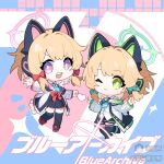  2girls :d absurdres animal_ear_headphones animal_ears black_boots black_shorts black_skirt black_thighhighs blonde_hair blue_archive blue_background blue_necktie boots bow bright_pupils buttons cat_ear_headphones cat_ears chibi chibi_only chinese_commentary closed_mouth collared_shirt commentary copyright_logo copyright_name fake_animal_ears frilled_jacket frills full_body green_bow green_eyes green_halo green_jacket hair_bow halo headphones heart heart_hands heart_hands_duo heart_in_heart_hands highres jacket logo long_sleeves looking_at_viewer low-tied_sidelocks midori_(blue_archive) mihuashi_logo mihuashi_username momoi_(blue_archive) multicolored_jacket multiple_girls necktie one_eye_closed open_clothes open_jacket open_mouth outstretched_arm parted_bangs pink_background pink_boots pink_eyes pink_halo pink_jacket pleated_skirt po_ge_ge red_bow school_uniform shirt short_hair shorts siblings sidelocks sisters skirt smile sparkle suspender_skirt suspenders teeth thighhighs three-toned_background twins unbuttoned untucked_shirt upper_teeth_only v-shaped_eyebrows watermark white_background white_jacket white_pupils white_shirt 