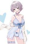  1girl :d absurdres babydoll bare_shoulders black_choker blue_babydoll blue_chemise blue_shorts blush breasts cardigan cardigan_partially_removed center-flap_bangs chemise choker cleavage commentary contrapposto cowboy_shot curvy double-parted_bangs frilled_shorts frilled_thigh_strap frills front_slit green_eyes grey_hair heart heart_background highres hololive huge_breasts liyaku looking_at_viewer navel official_alternate_costume open_mouth shirogane_noel shirogane_noel_(9th_costume) short_hair shorts sleepwear smile solo spaghetti_strap strap_slip thigh_strap virtual_youtuber white_background white_cardigan 