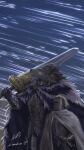  1boy 1other animal_ears armor black_fur blaidd_the_half-wolf blue_cape cambrian42 cape elden_ring english_commentary fang highres holding holding_sword holding_weapon looking_to_the_side looking_up meteor_shower night night_sky over_shoulder shooting_star signature sky star_trail sword sword_over_shoulder tarnished_(elden_ring) weapon weapon_over_shoulder wolf_boy wolf_ears 