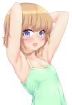  :d armpits arms_behind_head bangs bare_arms bare_shoulders blonde_hair blue_eyes camisole casual commentary_request covered_navel eyebrows_visible_through_hair fang flat_chest girls_und_panzer green_shirt itou_ayachi katyusha looking_at_viewer open_mouth revision shirt short_hair simple_background sleeveless smile solo spaghetti_strap standing sweat upper_body white_background 